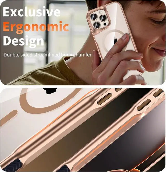 Alt view image 3 of 7 - 4 in 1 Ergonomic Magnetic for iPhone 15 Pro Max Case with 2Pcs Tempered Screen Protector + 1Pcs Lens Protector Military Grade Drop Protection (Gold for iPhone 15 Pro Max 6.7)