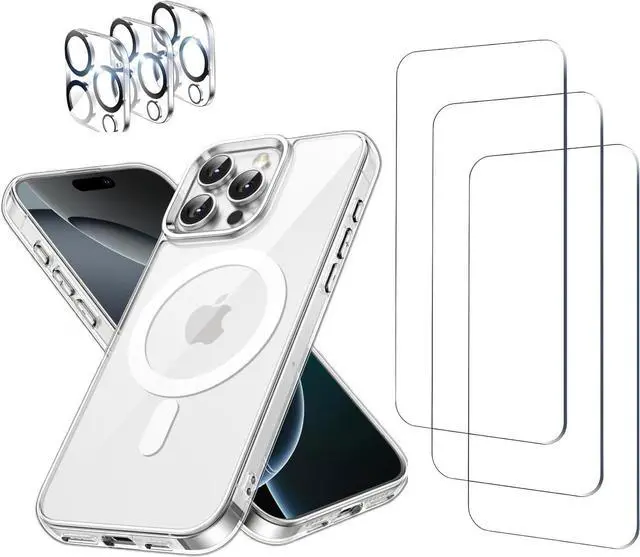 Main image of 3 Pack Tempered Glass Screen Protector for iPhone 16 Pro [6.3 Inch] + Clear Case [Compatible with MagSafe] Magnetic Wireless Charging + 3 Pack Camera Lens Protector [7in1 Care Kit]