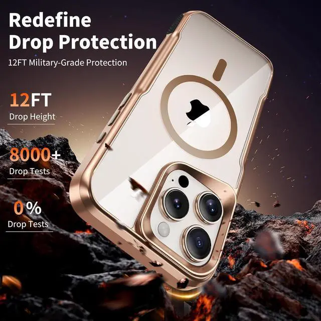 Alt view image 7 of 7 - 4 in 1 Ergonomic Magnetic for iPhone 15 Pro Max Case with 2Pcs Tempered Screen Protector + 1Pcs Lens Protector Military Grade Drop Protection (Gold for iPhone 15 Pro Max 6.7)