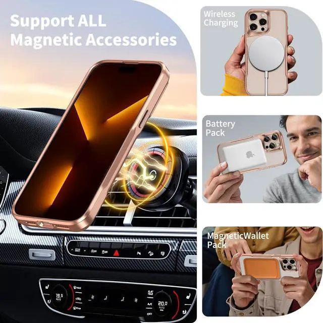 Alt view image 6 of 7 - 4 in 1 Ergonomic Magnetic for iPhone 15 Pro Max Case with 2Pcs Tempered Screen Protector + 1Pcs Lens Protector Military Grade Drop Protection (Gold for iPhone 15 Pro Max 6.7)
