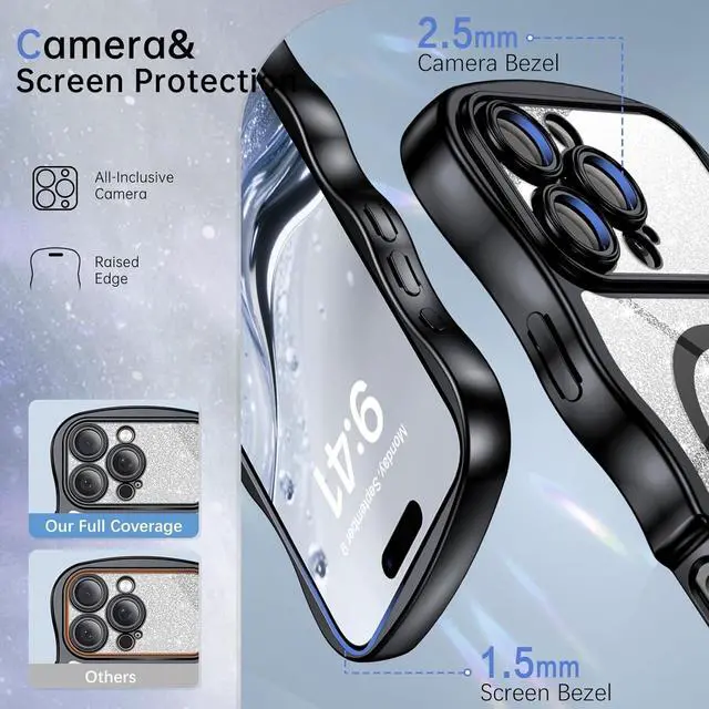 Alt view image 3 of 7 - for iPhone 16 Pro Max Case Clear [Compatible with MagSafe][Full Camera Protection][Cute Wave Frame][DIY Glitter Cardstock] Electroplated Wavy Shockproof 16ProMax Phone Case 6.9 Black