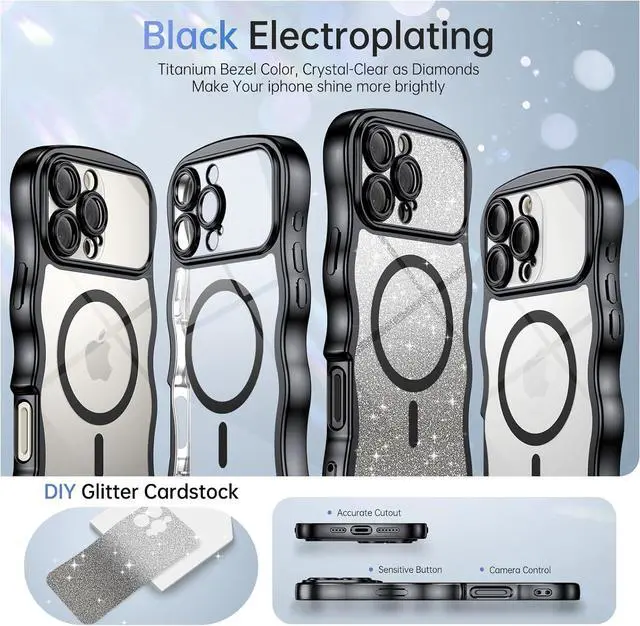 Alt view image 2 of 7 - for iPhone 16 Pro Max Case Clear [Compatible with MagSafe][Full Camera Protection][Cute Wave Frame][DIY Glitter Cardstock] Electroplated Wavy Shockproof 16ProMax Phone Case 6.9 Black
