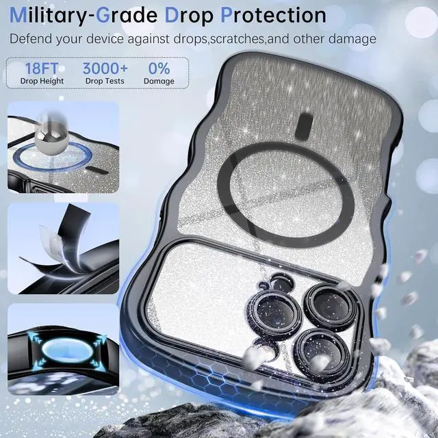 Alt view image 4 of 7 - for iPhone 16 Pro Max Case Clear [Compatible with MagSafe][Full Camera Protection][Cute Wave Frame][DIY Glitter Cardstock] Electroplated Wavy Shockproof 16ProMax Phone Case 6.9 Black