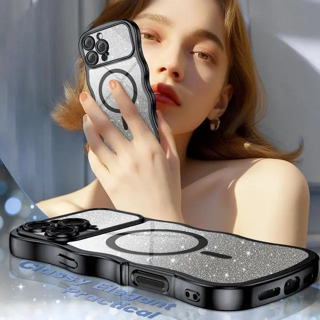 Alt view image 6 of 7 - for iPhone 16 Pro Max Case Clear [Compatible with MagSafe][Full Camera Protection][Cute Wave Frame][DIY Glitter Cardstock] Electroplated Wavy Shockproof 16ProMax Phone Case 6.9 Black