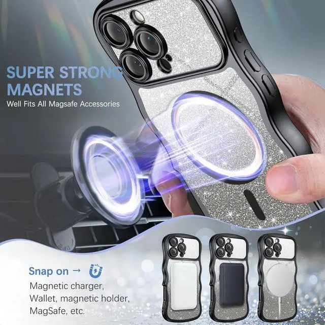 Alt view image 5 of 7 - for iPhone 16 Pro Max Case Clear [Compatible with MagSafe][Full Camera Protection][Cute Wave Frame][DIY Glitter Cardstock] Electroplated Wavy Shockproof 16ProMax Phone Case 6.9 Black