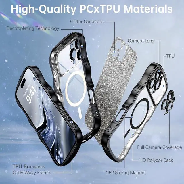 Alt view image 7 of 7 - for iPhone 16 Pro Max Case Clear [Compatible with MagSafe][Full Camera Protection][Cute Wave Frame][DIY Glitter Cardstock] Electroplated Wavy Shockproof 16ProMax Phone Case 6.9 Black
