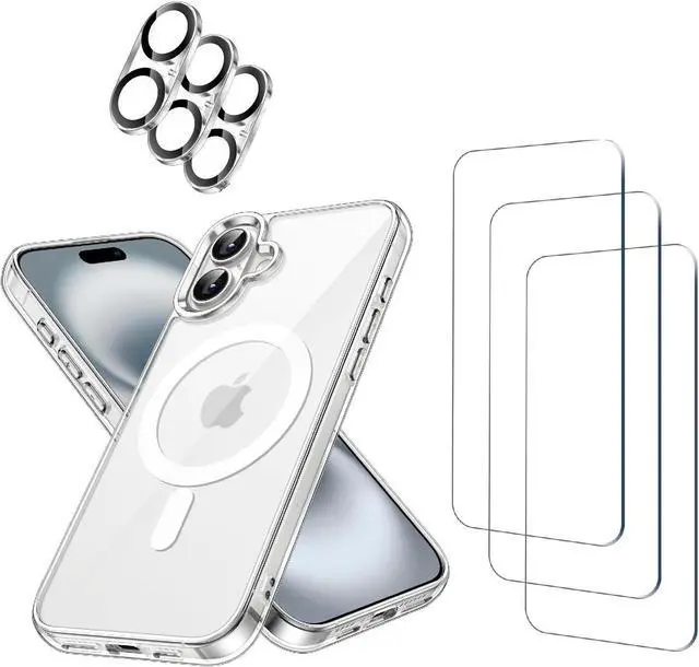 Main image of 3 Pack Tempered Glass Screen Protector for iPhone 16 Plus [6.7 Inch] + Clear Case [Compatible with MagSafe] Magnetic Wireless Charging + 3 Pack Camera Lens Protector [7in1 Care Kit]