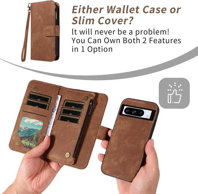 Alt view image 4 of 7 - Phone Case for Google Pixel 8 Pro 5G Zipper Wallet Detachable Magnetic Cover with Tempered Glass Screen Protector Crossbody Lanyard Card Holder Pixel8Pro Pixel8 XL Eight 8Pro Women Girls Brown