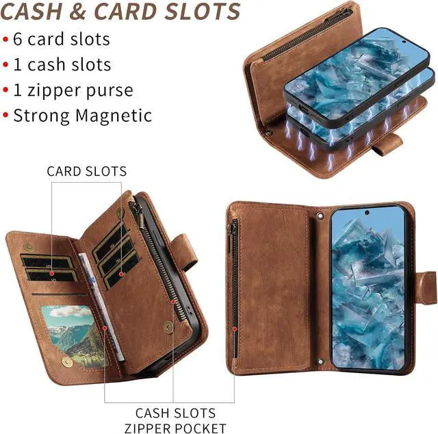 Alt view image 3 of 7 - Phone Case for Google Pixel 8 Pro 5G Zipper Wallet Detachable Magnetic Cover with Tempered Glass Screen Protector Crossbody Lanyard Card Holder Pixel8Pro Pixel8 XL Eight 8Pro Women Girls Brown