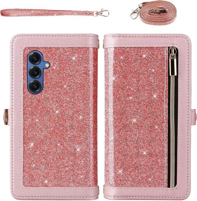 Alt view image 3 of 7 - Phone Case for  Galaxy S25 5G Zipper Wallet Cell Cover with Screen Protector Crossbody Lanyard Strap Bling Glitter Flip Card Holder Slot S 25 25S 25 25S SM-S931U Women Men Girls Pink