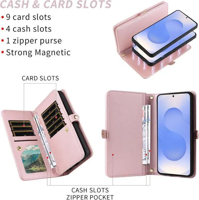 Alt view image 4 of 7 - Phone Case for  Galaxy S25 5G Zipper Wallet Cell Cover with Screen Protector Crossbody Lanyard Strap Bling Glitter Flip Card Holder Slot S 25 25S 25 25S SM-S931U Women Men Girls Pink