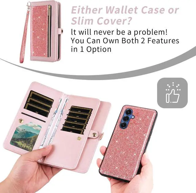 Alt view image 5 of 7 - Phone Case for  Galaxy S25 5G Zipper Wallet Cell Cover with Screen Protector Crossbody Lanyard Strap Bling Glitter Flip Card Holder Slot S 25 25S 25 25S SM-S931U Women Men Girls Pink