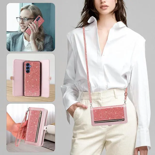 Alt view image 6 of 7 - Phone Case for  Galaxy S25 5G Zipper Wallet Cell Cover with Screen Protector Crossbody Lanyard Strap Bling Glitter Flip Card Holder Slot S 25 25S 25 25S SM-S931U Women Men Girls Pink