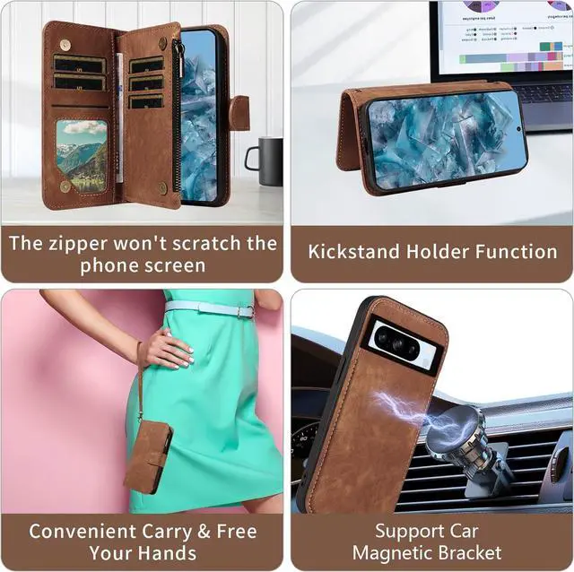 Alt view image 5 of 7 - Phone Case for Google Pixel 8 Pro 5G Zipper Wallet Detachable Magnetic Cover with Tempered Glass Screen Protector Crossbody Lanyard Card Holder Pixel8Pro Pixel8 XL Eight 8Pro Women Girls Brown