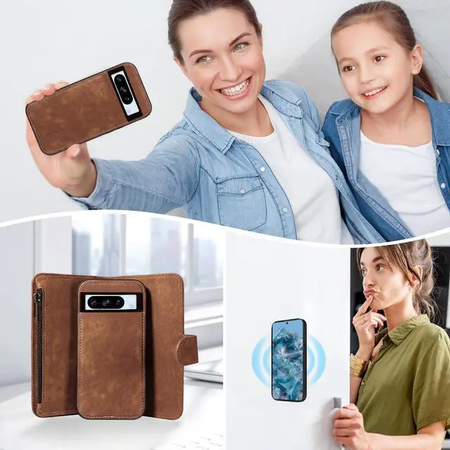 Alt view image 7 of 7 - Phone Case for Google Pixel 8 Pro 5G Zipper Wallet Detachable Magnetic Cover with Tempered Glass Screen Protector Crossbody Lanyard Card Holder Pixel8Pro Pixel8 XL Eight 8Pro Women Girls Brown