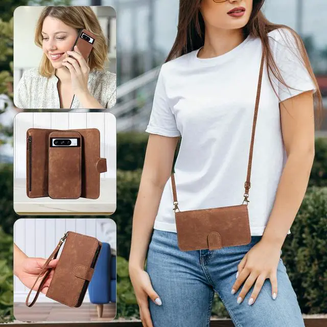 Alt view image 6 of 7 - Phone Case for Google Pixel 8 Pro 5G Zipper Wallet Detachable Magnetic Cover with Tempered Glass Screen Protector Crossbody Lanyard Card Holder Pixel8Pro Pixel8 XL Eight 8Pro Women Girls Brown