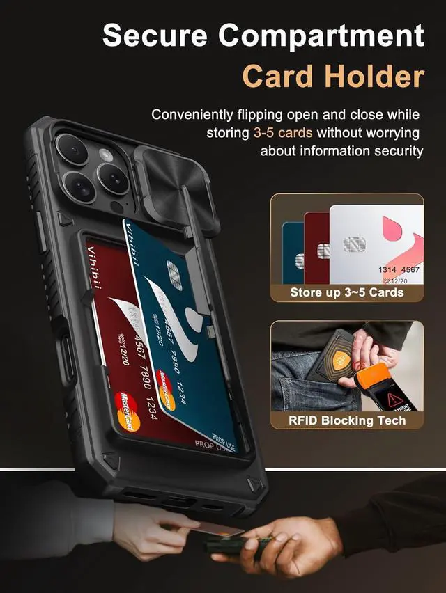 Alt view image 3 of 7 - for iPhone 16 Pro Max Case with Card Holder (4 Cards) [RFID Blocking] & Slide Camera Cover Military Grade Drop Protection Rugged Hard Back & Silicone Edge Wallet Phone Case 6.9 2024 Black