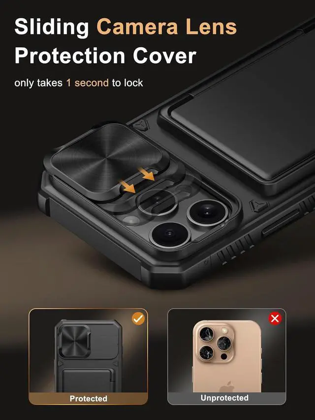 Alt view image 4 of 7 - for iPhone 16 Pro Max Case with Card Holder (4 Cards) [RFID Blocking] & Slide Camera Cover Military Grade Drop Protection Rugged Hard Back & Silicone Edge Wallet Phone Case 6.9 2024 Black