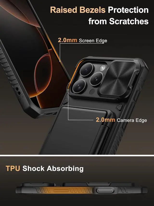 Alt view image 6 of 7 - for iPhone 16 Pro Max Case with Card Holder (4 Cards) [RFID Blocking] & Slide Camera Cover Military Grade Drop Protection Rugged Hard Back & Silicone Edge Wallet Phone Case 6.9 2024 Black