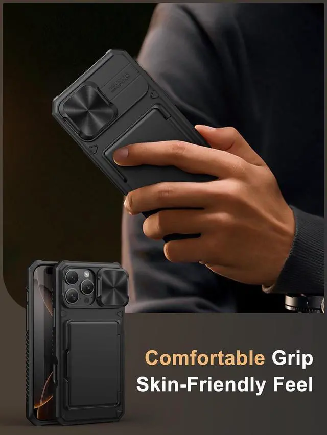 Alt view image 7 of 7 - for iPhone 16 Pro Max Case with Card Holder (4 Cards) [RFID Blocking] & Slide Camera Cover Military Grade Drop Protection Rugged Hard Back & Silicone Edge Wallet Phone Case 6.9 2024 Black