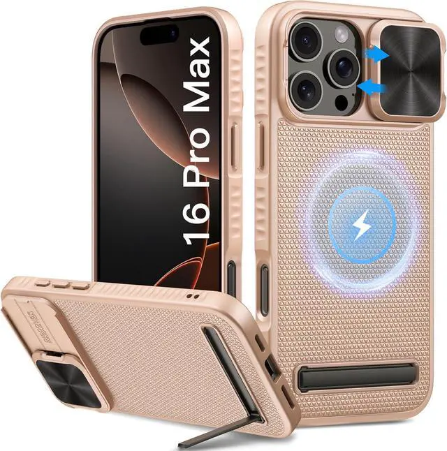 Main image of for iPhone 16 Pro Max Case with Kickstand & Slide Camera Cover [Compatible with MagSafe] Military-Grade Drop Protection Shockproof Magnetic Phone Cover for iPhone 16 Pro Max 6.9 Rose Gold