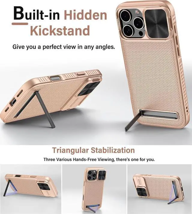Alt view image 3 of 7 - for iPhone 16 Pro Max Case with Kickstand & Slide Camera Cover [Compatible with MagSafe] Military-Grade Drop Protection Shockproof Magnetic Phone Cover for iPhone 16 Pro Max 6.9 Rose Gold