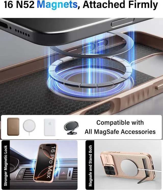 Alt view image 4 of 7 - for iPhone 16 Pro Max Case with Kickstand & Slide Camera Cover [Compatible with MagSafe] Military-Grade Drop Protection Shockproof Magnetic Phone Cover for iPhone 16 Pro Max 6.9 Rose Gold