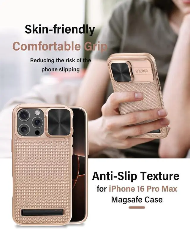 Alt view image 6 of 7 - for iPhone 16 Pro Max Case with Kickstand & Slide Camera Cover [Compatible with MagSafe] Military-Grade Drop Protection Shockproof Magnetic Phone Cover for iPhone 16 Pro Max 6.9 Rose Gold