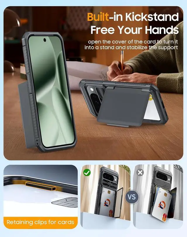 Alt view image 5 of 7 - for Google Pixel 10 Pro Case with Card Holder & RFID Blocking & Sliding Camera Cover & Kickstand Non-Slip Full-Body Shockproof Wallet Phone Case for Pixel 10 Pro (Black)