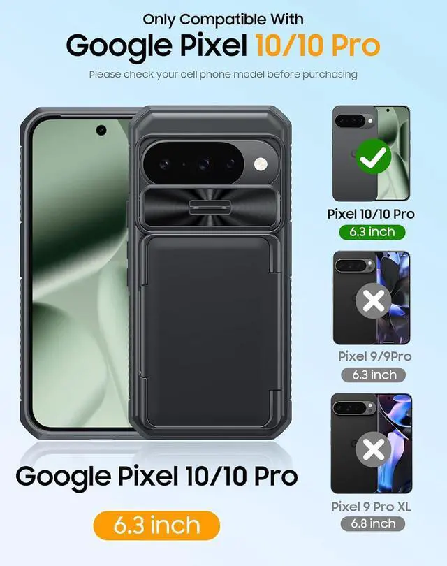 Alt view image 2 of 7 - for Google Pixel 10 Pro Case with Card Holder & RFID Blocking & Sliding Camera Cover & Kickstand Non-Slip Full-Body Shockproof Wallet Phone Case for Pixel 10 Pro (Black)
