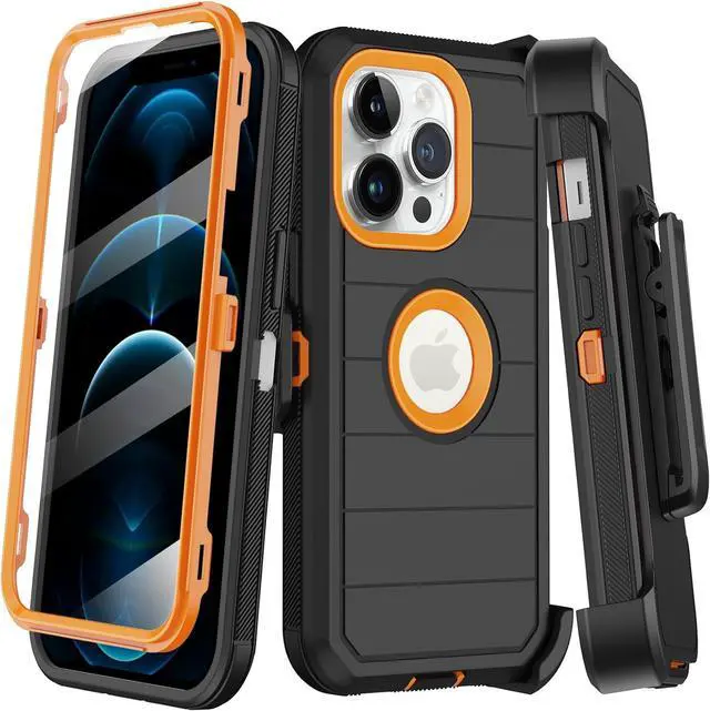 Main image of for iPhone 12 Pro Max Case with Built-in Screen Protector Belt Clip Holster Heavy Duty Shockproof Drop Protection Military Grade Full Body Rugged Phone Cover with Kickstand (Black Orange)