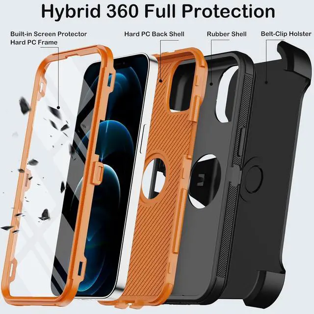Alt view image 3 of 7 - for iPhone 12 Pro Max Case with Built-in Screen Protector Belt Clip Holster Heavy Duty Shockproof Drop Protection Military Grade Full Body Rugged Phone Cover with Kickstand (Black Orange)