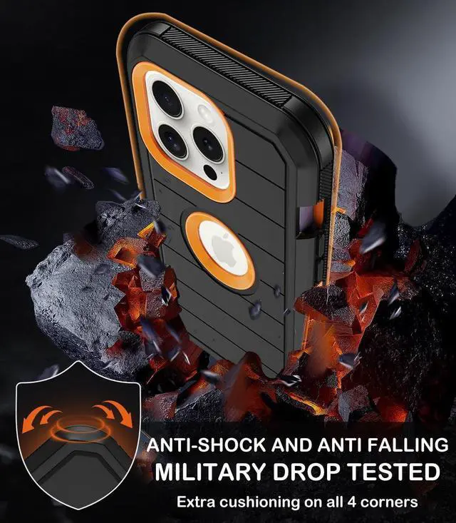 Alt view image 4 of 7 - for iPhone 12 Pro Max Case with Built-in Screen Protector Belt Clip Holster Heavy Duty Shockproof Drop Protection Military Grade Full Body Rugged Phone Cover with Kickstand (Black Orange)