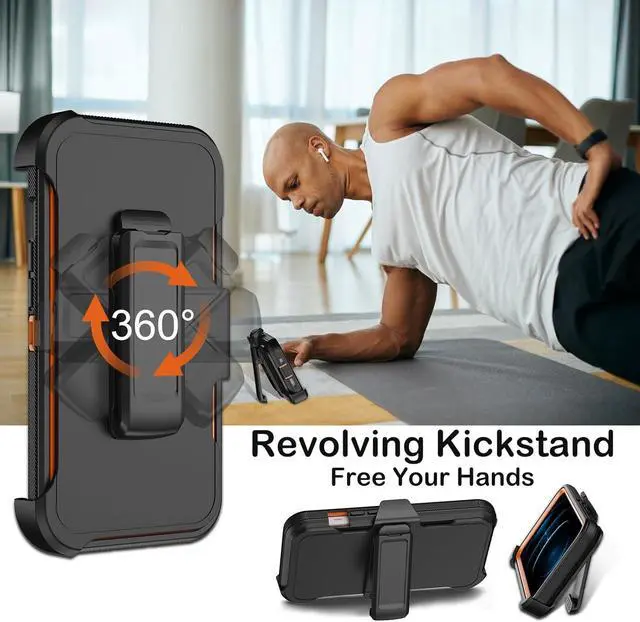 Alt view image 5 of 7 - for iPhone 12 Pro Max Case with Built-in Screen Protector Belt Clip Holster Heavy Duty Shockproof Drop Protection Military Grade Full Body Rugged Phone Cover with Kickstand (Black Orange)