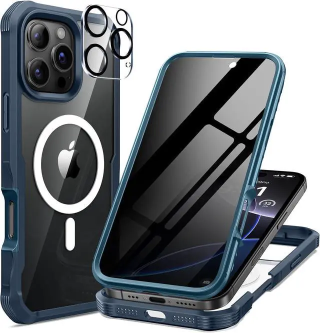 Main image of for iPhone 16 Pro Max Case Full Body Bumper with Built-in 9H Tempered Glass Privacy Screen Protector and Camera Lens Protector Compatible with MagSafe Shockproof Phone Cover 6.9 Blue