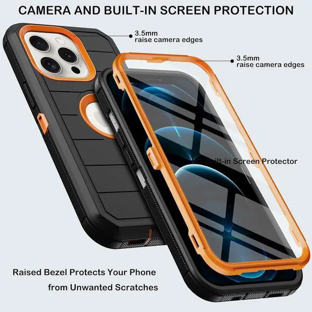Alt view image 2 of 7 - for iPhone 12 Pro Max Case with Built-in Screen Protector Belt Clip Holster Heavy Duty Shockproof Drop Protection Military Grade Full Body Rugged Phone Cover with Kickstand (Black Orange)