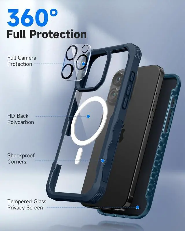 Alt view image 3 of 7 - for iPhone 16 Pro Max Case Full Body Bumper with Built-in 9H Tempered Glass Privacy Screen Protector and Camera Lens Protector Compatible with MagSafe Shockproof Phone Cover 6.9 Blue