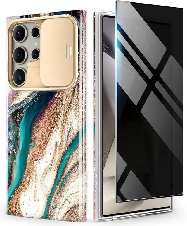 Main image of for  Galaxy S24 Ultra Case with Slide Camera Cover+Privacy Screen Protector [Military Grade Shockproof] Marble Protective Slim & Tough Phone Case for S24 Ultra 6.8(Drift Sand/Brown)