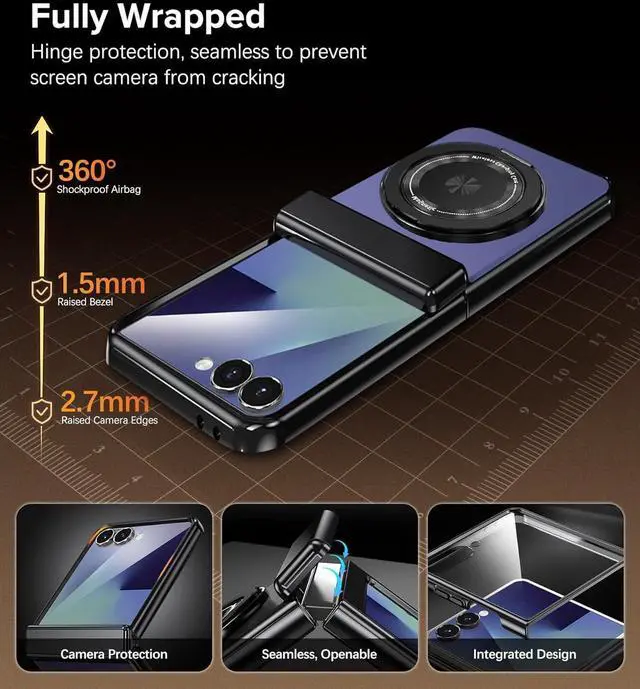 Alt view image 7 of 7 - for  Galaxy Z Flip 7 Case with Screen Protector Hinge Protection Phone Case for Z Flip 7 with Mag-Safe 360° Rotating Ring Holder Hard PC Shockproof Full Body Protective Cover (Blue)