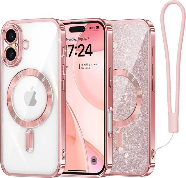 Main image of Designed for iPhone 16 Plus Case 6.7 [Glitter Card & Wrist Strap] [Compatible with MagSafe] Full Lens Protection Designed for 16 Plus Case Rose Gold