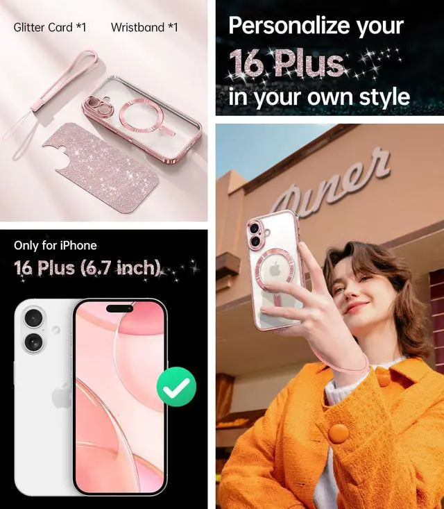 Alt view image 2 of 6 - Designed for iPhone 16 Plus Case 6.7 [Glitter Card & Wrist Strap] [Compatible with MagSafe] Full Lens Protection Designed for 16 Plus Case Rose Gold