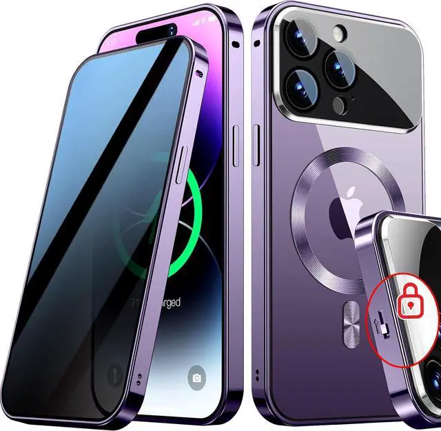 Main image of [Full Camera Protection& Mechanical Lock]Magnetic Privacy Case for iPhone 14 Pro Max[Compatible with MagSafe][CD Metal Ring]Full Body Shockproof Metal Bumper 9H Anti Peeping Glass Cover-Purple