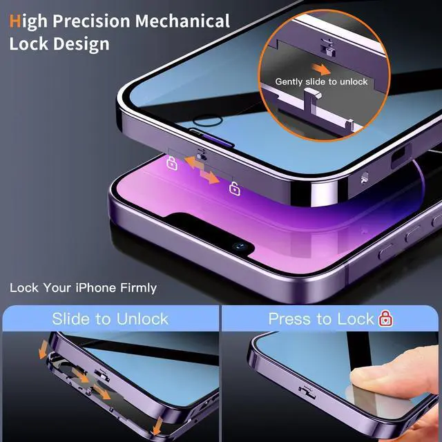 Alt view image 3 of 7 - [Full Camera Protection& Mechanical Lock]Magnetic Privacy Case for iPhone 14 Pro Max[Compatible with MagSafe][CD Metal Ring]Full Body Shockproof Metal Bumper 9H Anti Peeping Glass Cover-Purple