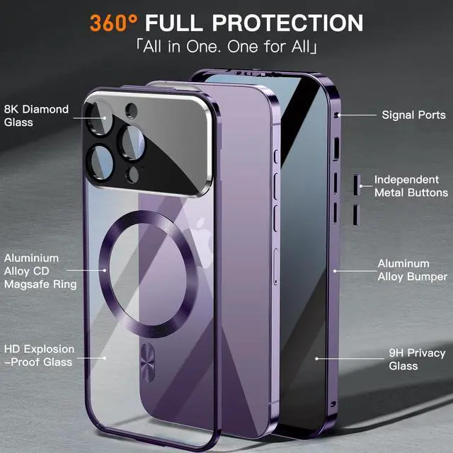 Alt view image 6 of 7 - [Full Camera Protection& Mechanical Lock]Magnetic Privacy Case for iPhone 14 Pro Max[Compatible with MagSafe][CD Metal Ring]Full Body Shockproof Metal Bumper 9H Anti Peeping Glass Cover-Purple