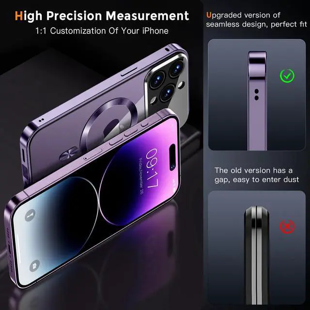 Alt view image 7 of 7 - [Full Camera Protection& Mechanical Lock]Magnetic Privacy Case for iPhone 14 Pro Max[Compatible with MagSafe][CD Metal Ring]Full Body Shockproof Metal Bumper 9H Anti Peeping Glass Cover-Purple