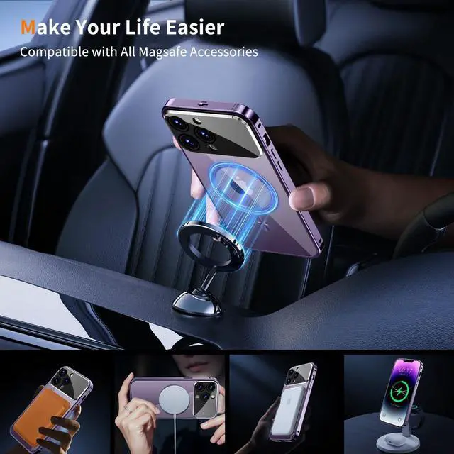 Alt view image 4 of 7 - [Full Camera Protection& Mechanical Lock]Magnetic Privacy Case for iPhone 14 Pro Max[Compatible with MagSafe][CD Metal Ring]Full Body Shockproof Metal Bumper 9H Anti Peeping Glass Cover-Purple