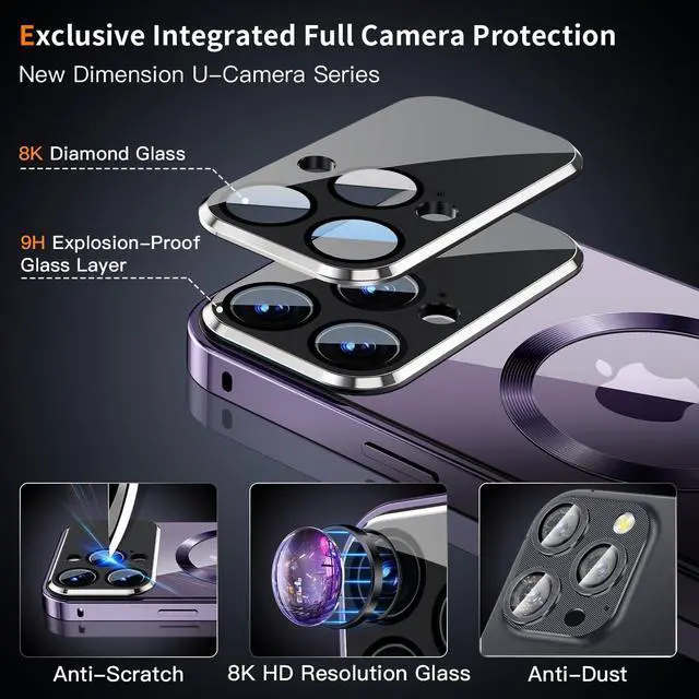 Alt view image 2 of 7 - [Full Camera Protection& Mechanical Lock]Magnetic Privacy Case for iPhone 14 Pro Max[Compatible with MagSafe][CD Metal Ring]Full Body Shockproof Metal Bumper 9H Anti Peeping Glass Cover-Purple