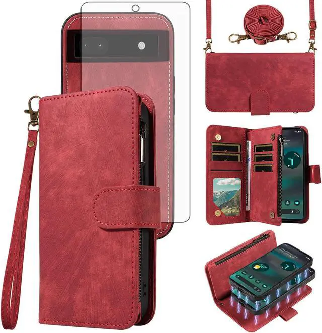 Main image of Phone Case for Google Pixel 6A 5G 2022 Zipper Wallet Detachable Magnetic Cover with Tempered Glass Screen Protector Crossbody Lanyard Strap Flip Card Holder Slot Pixel6A A6 Women Men Girls Red