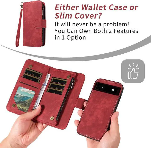 Alt view image 4 of 7 - Phone Case for Google Pixel 6A 5G 2022 Zipper Wallet Detachable Magnetic Cover with Tempered Glass Screen Protector Crossbody Lanyard Strap Flip Card Holder Slot Pixel6A A6 Women Men Girls Red