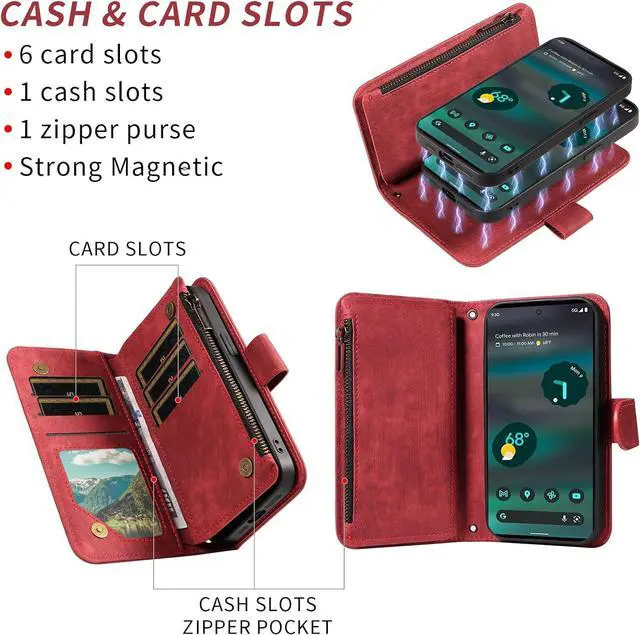 Alt view image 3 of 7 - Phone Case for Google Pixel 6A 5G 2022 Zipper Wallet Detachable Magnetic Cover with Tempered Glass Screen Protector Crossbody Lanyard Strap Flip Card Holder Slot Pixel6A A6 Women Men Girls Red